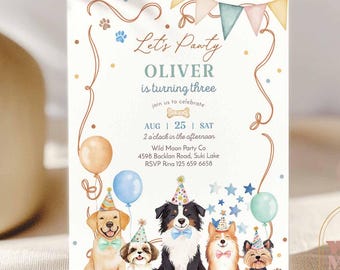 Boy Dog Birthday Invitation: Let's Pawty Puppy Theme Party Invite Template 84K3 (1)