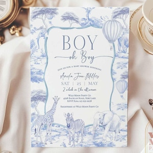 Chinoiserie Toile de Jouy Safari Boy Baby Shower Convite Selva Zoológico Animais Convite Imprimível Convites Baixar Modelo WM91 (1)