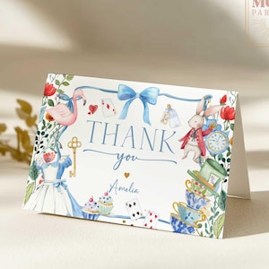 Carte de remerciement pliée modifiable Alice à Onederland 5 x 3,5 po. Modèle de carte de remerciement bleu Coquette pour le premier 1er anniversaire de la douche 90K1
