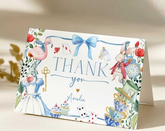 Alice in Onederland Wonderland Thank You Card: Blue Coquette Birthday (Editable Template) 90K1