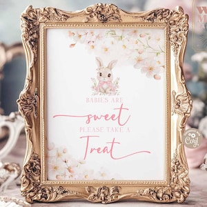 May include: A framed sign with a gold ornate frame. The sign has a watercolor illustration of a bunny wearing a pink bow. The text reads "BABIES ARE sweet PLEASE TAKE A Treat". The sign is surrounded by floral elements and teacups.