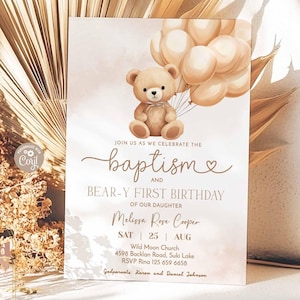 Invitación de bautismo en beige crema neutro, plantilla imprimible para primer cumpleaños de oso 99R1 (2)