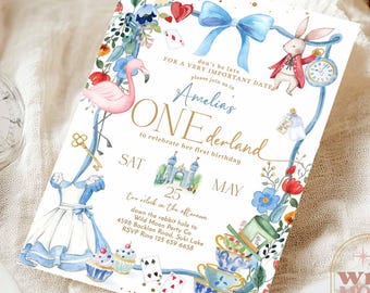 May include: A whimsical Alice in Wonderland themed first birthday party invitation with a pink flamingo, a blue bow, a white rabbit holding a pocket watch, a teacup and teapot, and a playing card. The invitation reads "Amelia's One-derland to celebrate her first birthday. Sat. 25 May. Two o'clock in the afternoon. Down the rabbit hole to Wild Moon Party Co. 4598 Backlan Road, Suki Lake. RSVP 125 659 6658."