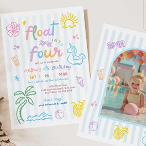 Whimsical Float into Four Hand Drawn 4th Birthday Pool Party Photo Invitation Template 46WM (4-1)