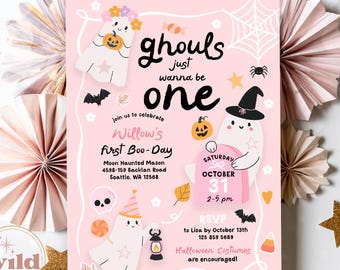 May include: A pink rectangular birthday invitation card featuring three cartoon ghosts, pumpkins, a skull, bats, and a spider. The text reads: Ghouls just wanna be one, Willow's first Boo-Day, Saturday October 31, 2-5 pm, and RSVP details.
