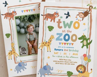 Boy Safari Jungle TWO at the Zoo 2nd Birthday Party Photo Invitation Template 76WM (2-2)