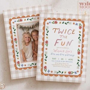 May include: Two rectangular birthday invitation cards with a beige and white gingham border. One card features a photo of two children, while the other displays text reading TWICE THE FUN, Willow & Luna's 4th and 6th birthday, Sat 25 Aug.