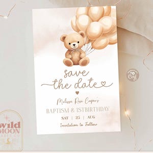 Beige Cream Gender Neutral Baptism Save the Date Bear-y First Birthday Bear Invitation Printable Invite Invites Template 99R1