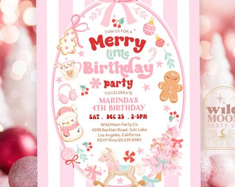 Può includere: Un invito per una festa di compleanno a righe rosa e bianche con il testo "Merry Little Birthday Party" e illustrazioni festive di un pupazzo di neve, un omino di pan di zenzero e un cavallo a dondolo. L'invito include i dettagli dell'evento.