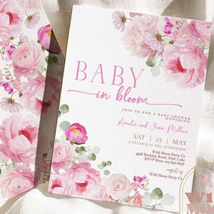 Frühlings-Rosa-Blumen-Baby in Bloom-Babyparty-Einladung Preppy kokett Blumen Pfingstrose-Baby-Dusche-Einladen Einladungen Vorlage WM93 (1)