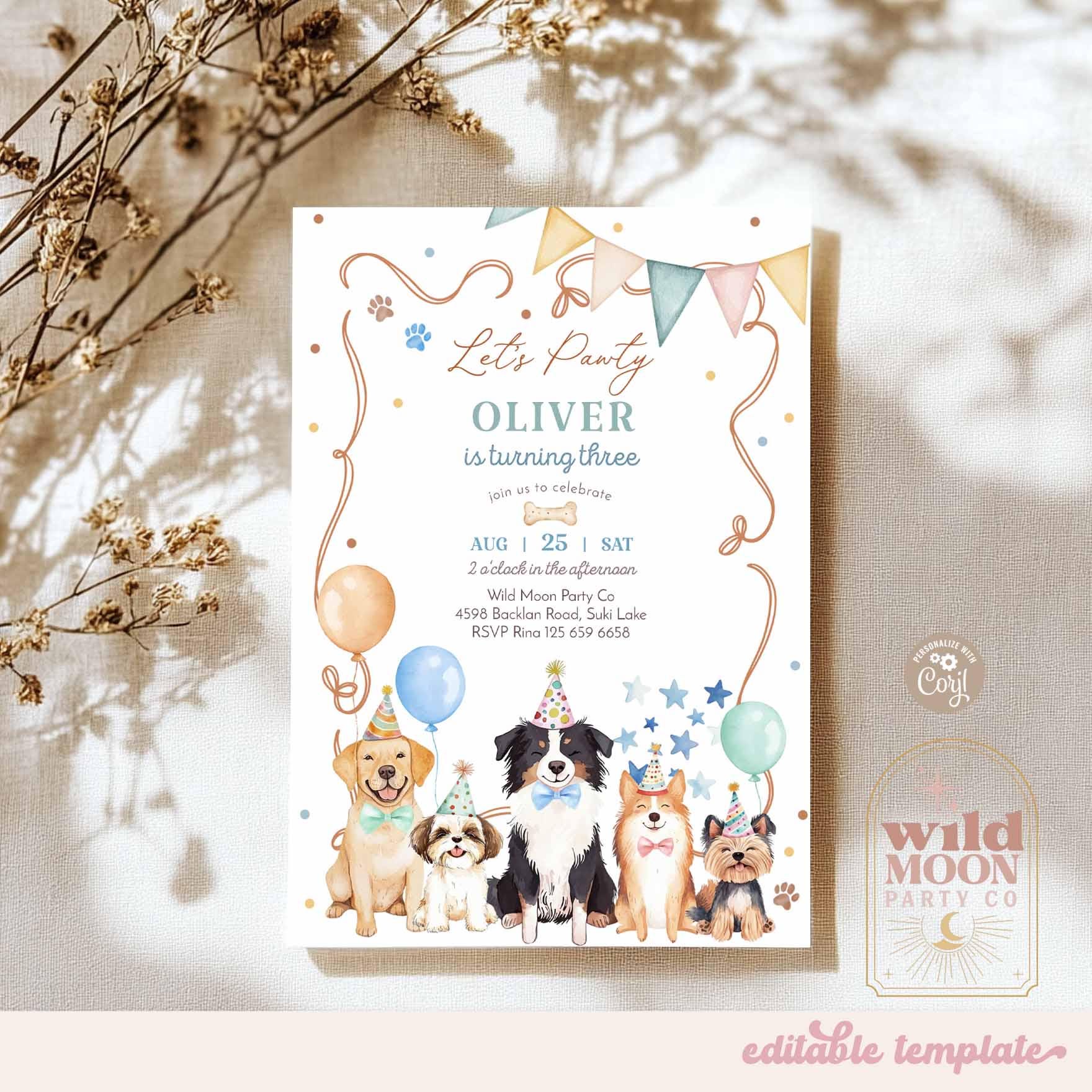 Boy Dog Birthday Invitation: Let's Pawty Puppy Theme Party Invite ...
