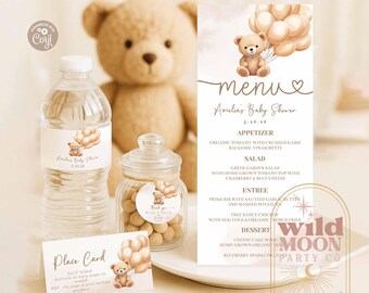 May include: A printable baby shower menu template featuring a cute cartoon teddy bear holding balloons. The menu includes appetizers, salad, entree, and dessert options. The text on the menu reads "Amelia's Baby Shower 5.26.36".