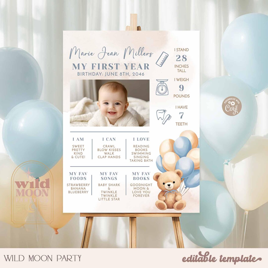 Blue Boy Bear 1st Birthday Milestone Poster: Beary First Birthday Facts ...