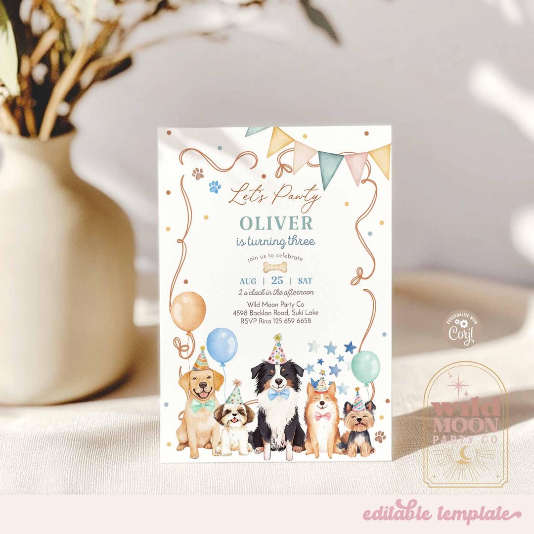 Boy Dog Birthday Invitation: Let's Pawty Puppy Theme Party Invite ...