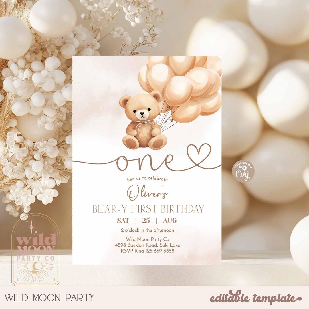 Teddy Bear Beary First 1st Birthday Invitation: Beige Balloons Invite ...