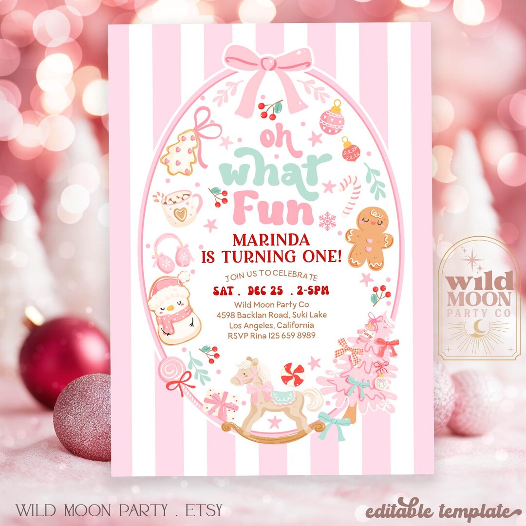 Pink Christmas Birthday Invitation Any Age Oh What Fun Winter Holiday