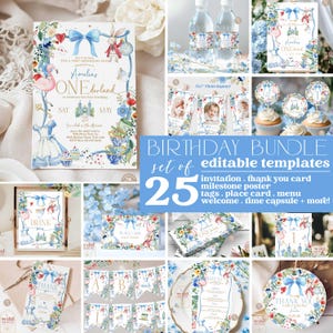 ALICE BIRTHDAY BUNDLE Blau Kokette Alice in Wunderland Geburtstagsparty einladen Dekore Tischkarte Menü Cupcake Topper Vorlage 90K1