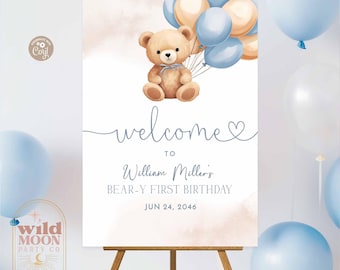 Blue Cream Beige Bear Baby Shower Welcome Sign: Bearly Wait Template 99K4 (1)