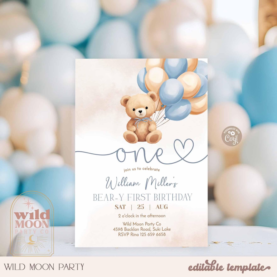 Teddy Bear 1st Beary First Birthday Invitation: Blue Balloon Invite ...