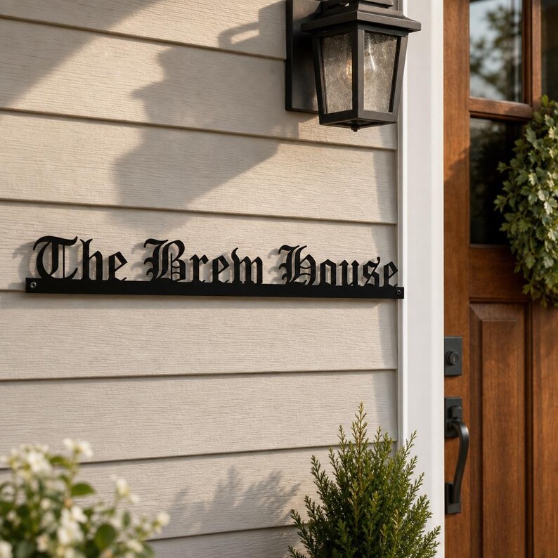 May include: A black metal wall sign featuring the text The Brem House in a decorative gothic font. The sign is mounted horizontally with visible screws on each end, displaying a clean, sharp silhouette against the light-colored siding.