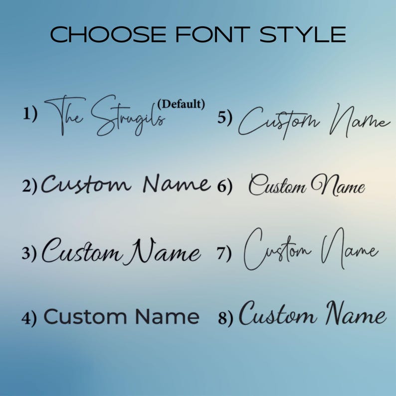 May include: A font style selection chart featuring the text CHOOSE FONT STYLE at the top. Eight numbered options are displayed in black text against a blue gradient background. Option 1 is labeled The Strugils (Default), while 2 through 8 show Custom Name.