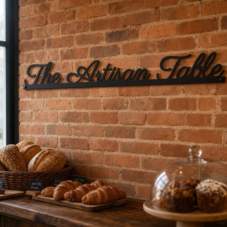 May include: A black metal wall sign featuring the cursive text The Artisan Table mounted on a brick wall above a wicker basket filled with round loaves of bread and a wooden board holding several golden brown croissants and a glass dome.