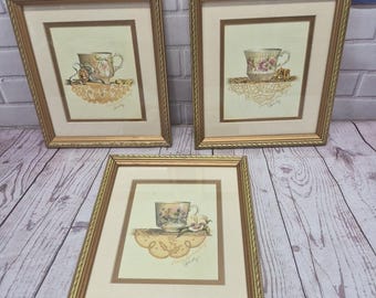VTG 3 Matted Framed Signed Tea Cup Wall Artistry Prints Sandy Clough Cottagecor