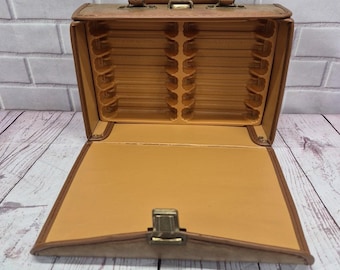 Vintage Audio Cassette Storage Carrying Case Holds 12 Tapes USA Faux Tan Leather