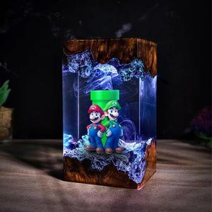 Mario Luigi Resin Lamp, Handmade Epoxy Gamer Light with LED Glow, Nintendo Pipe Scene Cube, Super Mario Room Decor Gift for Him