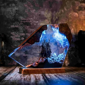 Sauron Resin Lamp, Epoxy Crystal LED Night Light with One Ring, Blue Glow Diorama on Wood Base, Middle-earth Decor