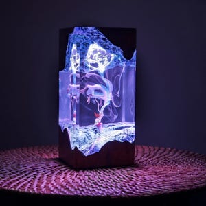 Lampe en résine Spirited Away avec Haku et Chihiro, diorama époxy LED bleu fait main, décoration de bureau veilleuse anime studio Ghibli