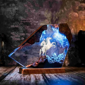 Gandalf the White Resin Lamp, Gandalf LED Crystal Diorama with One Ring, Blue Glow on Wood Base, Middle-earth Desk Decor