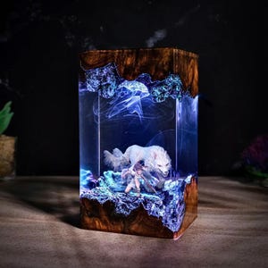 Princess Mononoke Resin Lamp, San and Wolf Epoxy LED Tower Night Light, Blue Crystal Diorama with Wood Base, Studio Ghibli Room Decor