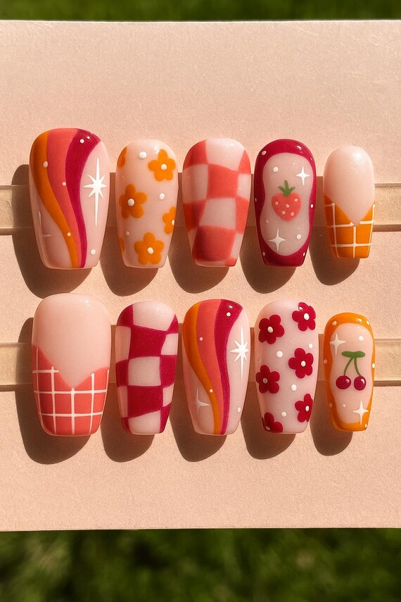 Checkerboard Fruit Press On Nails, Retro Pink Orange Flowers and Cherries Design, Handmade Y2K Cartoon Nail Art Set, Summer Groovy Tips