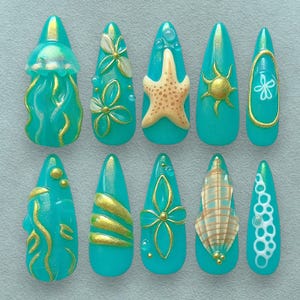 Ocean Theme Press On Nails, Handmade Aqua Blue Nail Art with Starfish Shell Jellyfish and Sun Designs, Beach Summer Nail Tips Gift