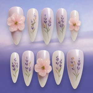 Lavender Press On Nails, Purple Floral False Nails with 3D Pink Flower Accents, Elegant Handmade Reusable Long Almond Nail Art Set