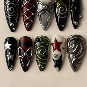 Punk Star Press On Nails, Gothic Swirl Chrome 3D Nail Art with Studs and Bows, Black Red Olive Alt Nails, Handmade Grunge Rock Set