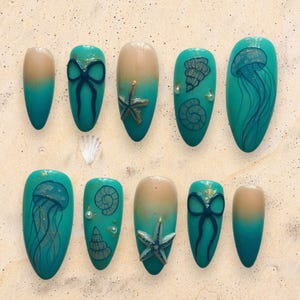 Ocean Nails Press On Set, Beach Starfish Jellyfish Nail Art, Seashell Summer Nails, Blue Ombre Gel Tips, Under The Sea Mermaid Manicure