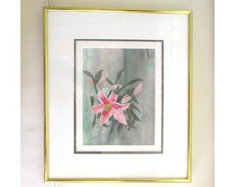Stargazer #1 Washi Chigiri-e Japonês Papr Art Pink Lily Framd assinado 2006 12x13