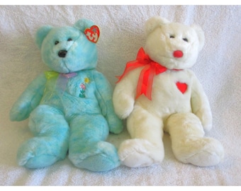 Ty Beanie Buddies Ariel Blue Flower Bear and 1999 Signature White Heart Bear Set
