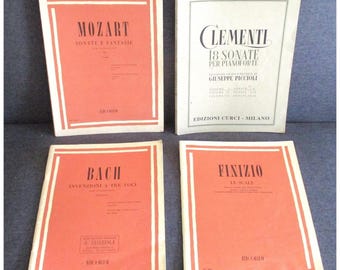 Vintage Piano Sheet Music Lot of 4 Mozart Bach Clementi Finizio Publ. in Italy