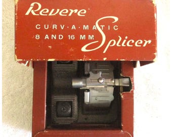 Giuntatrice vintage Revere Curv-A-Matic per pellicole cinematografiche da 8 mm e 16 mm, con scatola originale.