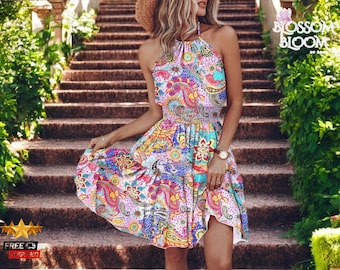 Zomerjurk met ruches voor dames | Off-shoulder mini-halster | Slim-fit strandoutfit | Elegante en chique mouwloze zomerjurk