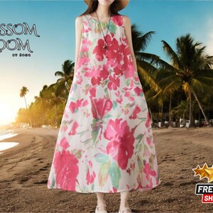 Sleeveless Loose Summer Dress | Vintage-Look Floral Oversized Cotton | Casual Long for Women | Elegant Boho Maxi | Lightweight Flowy Outfit