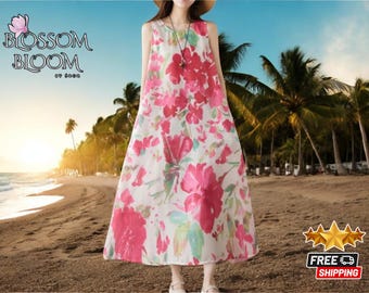 Sleeveless Loose Summer Dress | Vintage-Look Floral Oversized Cotton | Casual Long for Women | Elegant Boho Maxi | Lightweight Flowy Outfit
