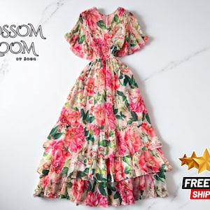 Floral Ruffle Maxi Dress | Sleeve Summer Outfit | Cozy V-Neck Chiffon | Retro Beach for Womens | High Waisted Boho Style