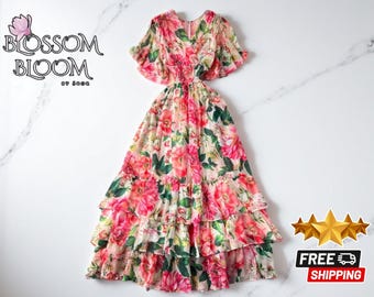 Floral Ruffle Maxi Dress | Sleeve Summer Outfit | Cozy V-Neck Chiffon | Retro Beach for Womens | High Waisted Boho Style