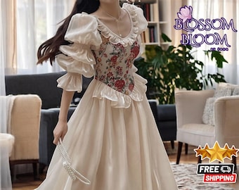 Damklänning i vintage-stil med blommönster | Snygg älvinspirerad midiklänning med o-ringning | Sommaroutfit med puffärmar | Elegant kvällsfest