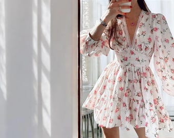 knee length dresses for ladies Cute Spring Floral Long Sleeve Mini Dress L main image 0