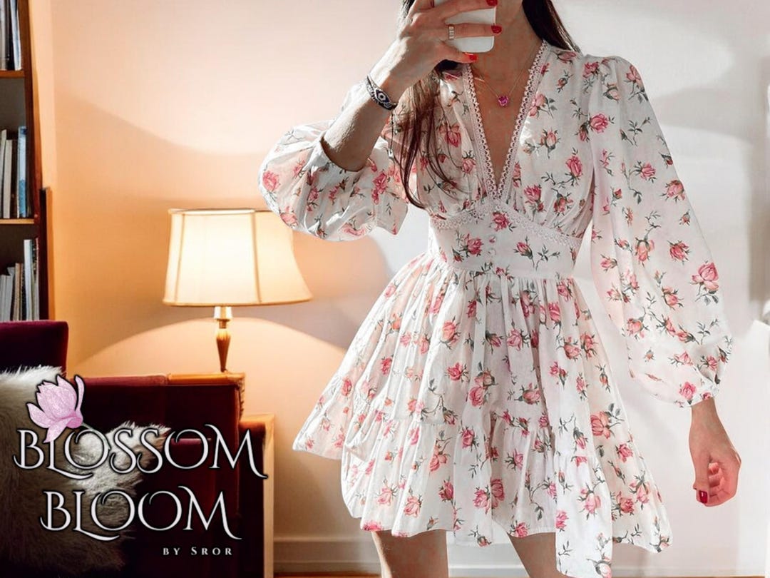 fitted lace wedding dress Provence Bloom Long Sleeve Mini Dress Floral Blue– Selfie Leslie main image 1